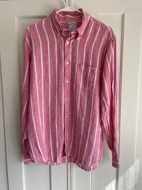 Brooks Brothers 100% Linen Shirt Regent Fit Classic Polo Button-Down Pink Medium